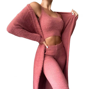 3Pcs/Set Lounge Wear Tracksuit: Cardigan Velvet Crop Top and High Waist Pants