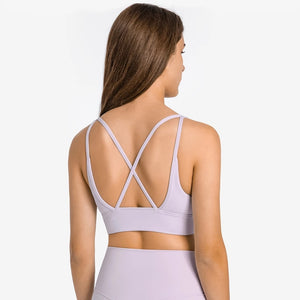 Deep V Neck Sports Bra w/ Back Cross Strap